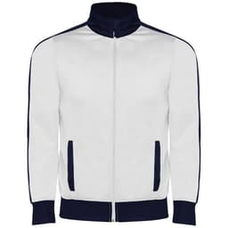 A white track jacket with navy blue accents, featuring a high collar and zip front, and side pockets.