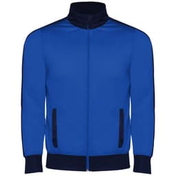 A blue tracksuit jacket with a high collar and dark navy accents, featuring a zipper and side pockets.