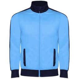 A blue tracksuit jacket with navy accents and side pockets. Features a high collar and zip closure.