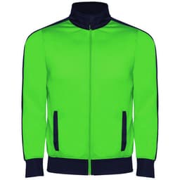 A bright green tracksuit jacket with navy blue accents and a zip front, featuring side pockets and a collar.