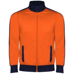 An orange track jacket with navy blue accents and a zip front, featuring side pockets and a high collar.