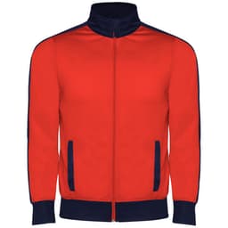 A red tracksuit jacket with navy accents, featuring a zip front and two side pockets. Includes a logo.