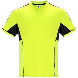 A sports uniform shirt in bright yellow with black accents and a short collar, featuring a logo.