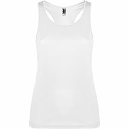 A white tank top featuring a sleek design and a logo on the neckline. Ideal for casual wear or exercise.