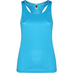 A blue tank top with a sleek design and a logo on the label. It features wide shoulder straps.