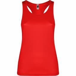 A red tank top with a sleeveless design and a logo on the label.