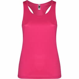 A bright pink tank top with a sporty design and a logo on the tag.