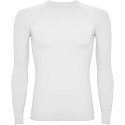 A white long-sleeved t-shirt with a fitted design and logo branding on it.