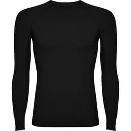 A black long-sleeved t-shirt with a fitted design and a logo on the front.