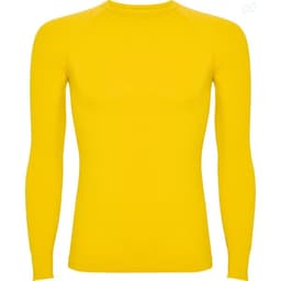 A yellow long-sleeved T-shirt with a fitted design and a logo on the chest area.