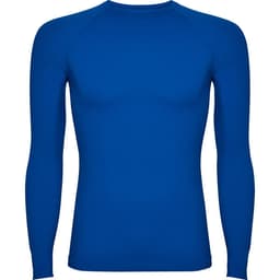 A blue long-sleeved T-shirt with a fitted design, featuring a logo or branding.