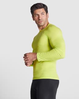 A fitted long-sleeved T-shirt in vibrant lime green, featuring a sleek design and a logo on the sleeve.