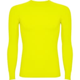 A long-sleeved t-shirt in bright yellow, featuring a fitted design and a simple branding logo.