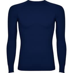 A navy long-sleeved T-shirt with a fitted design and a discreet logo on the front.
