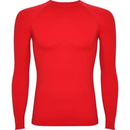 A red long-sleeved T-shirt with a fitted design and raglan sleeves, featuring a logo.