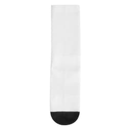 A pair of socks in white with a black toe. The socks feature a logo on one side.