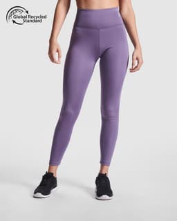 Purple high-waisted leggings with a fitted look, featuring a logo and made from recycled materials.