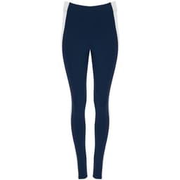 Navy leggings with white side panels, featuring a branded logo. Suitable for activewear or casual wear.