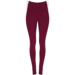 Maroon leggings featuring white side panels, designed as athletic bottoms with a fitted silhouette. Includes branding.