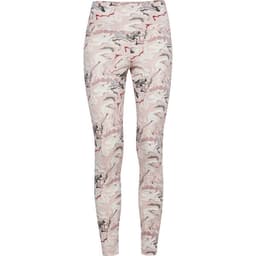 Leggings in a pink and grey abstract pattern with a high waist and a logo on the waistband.
