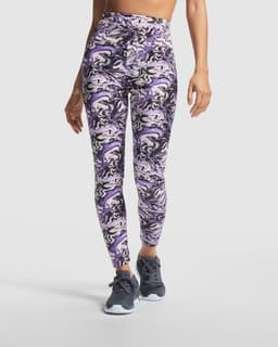 Purple and white marbled leggings with a high waist design, featuring a logo on the waistband.
