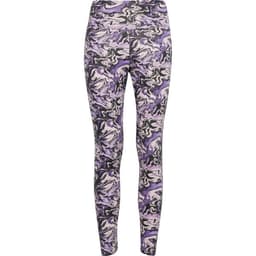 A pair of leggings in a purple, black, and white abstract pattern with a logo on the waistband.