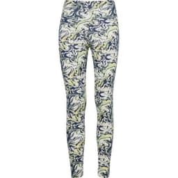 A pair of leggings featuring a marbled pattern in blue, green, and cream, with a logo on the waistband.