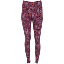 A pair of maroon leggings featuring a vibrant leaf pattern and a logo on the waistband.