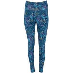 Colourful blue leggings featuring a tropical leaf pattern with various shades of green and purple. Includes a branding logo.