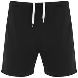 Black sports shorts featuring a drawstring and a logo on the side.
