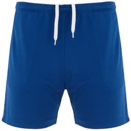 Blue sports shorts featuring a drawstring waistband and a logo on the side.