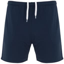 Navy sports shorts with a drawstring waist and two side pockets, featuring a logo.