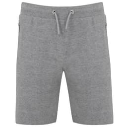 A pair of grey sports shorts with drawstring and zippered pockets, featuring a brand logo.