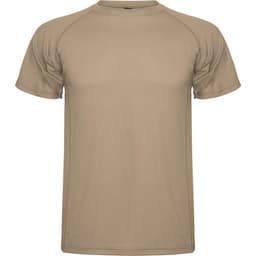 A beige Montecarlo T-Shirt with a round neck and short sleeves, featuring a logo on the design.