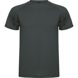 A dark grey t-shirt with short sleeves and a rounded neckline. It features a logo on the chest.