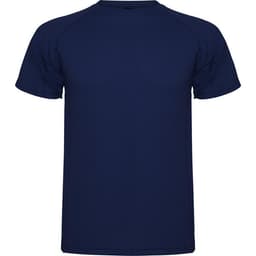 A navy blue t-shirt with short sleeves and a rounded neckline. It features a logo on the front.
