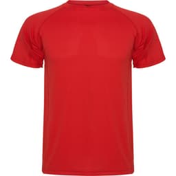 A red t-shirt with short sleeves and a round neckline, featuring a logo on the front.