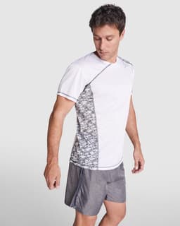 A white T-shirt with a grey camouflage pattern on the side, featuring a logo on the front.