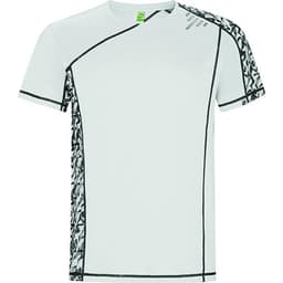 A white T-shirt with black patterned accents and a logo on the shoulder.