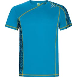 A blue T-shirt featuring contrasting black patterned sleeves and yellow stitching, with a logo on the chest.