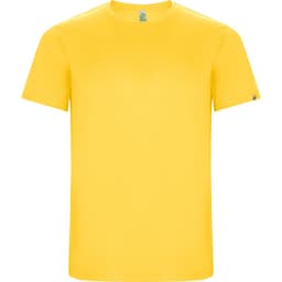 A yellow Imola T-shirt with a round neckline and short sleeves, featuring a small logo on the sleeve.