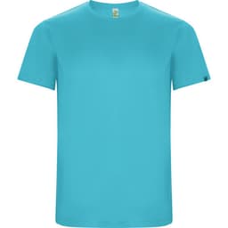 A solid turquoise T-shirt featuring short sleeves and a round neckline. The shirt has a small logo on the side.