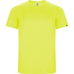 A vibrant yellow Imola T-shirt featuring a crew neck and short sleeves, with a logo on the sleeve.