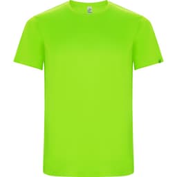 A bright green t-shirt with a crew neck and short sleeves. It features a logo on one side.