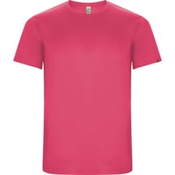 A pink t-shirt featuring a round neckline and short sleeves, with a logo on one sleeve.