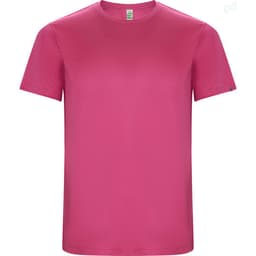 A pink Imola T-Shirt with a round neckline and short sleeves, featuring a logo on one side.