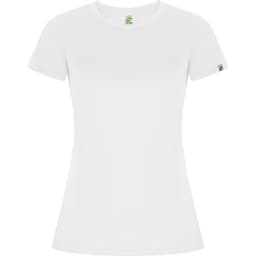 A white women's t-shirt featuring a fitted silhouette and a small logo. Perfect for casual wear.