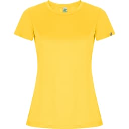 A yellow Imola women's T-shirt with a fitted design and short sleeves. It features a small logo on one sleeve.
