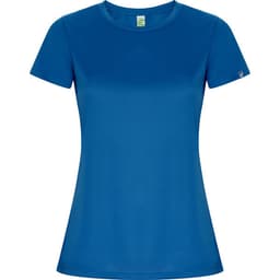 A blue women's T-shirt with short sleeves and a fitted design, featuring a logo on one side.