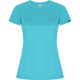 A women's T-shirt in a vibrant aqua blue colour, featuring a fitted design and a logo on the sleeve.